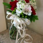 red and white toss bouquet
